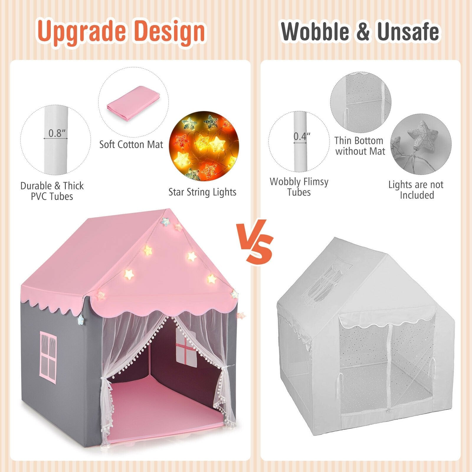 Kids Playhouse Tent with Star Lights and Mat, Pink Play Tents & Playhouse   at Gallery Canada