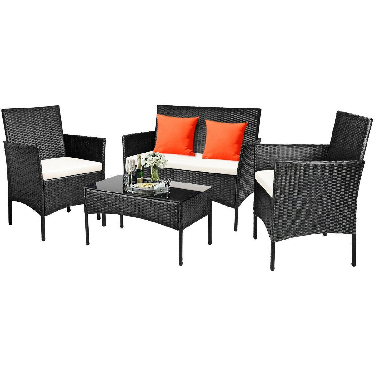 4 Pcs Patio Rattan Cushioned Sofa Furniture Set, White - Gallery Canada