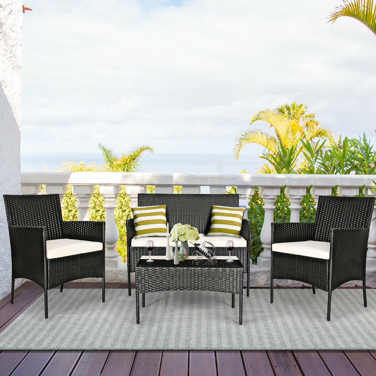 4 Pcs Patio Rattan Cushioned Sofa Furniture Set, White - Gallery Canada