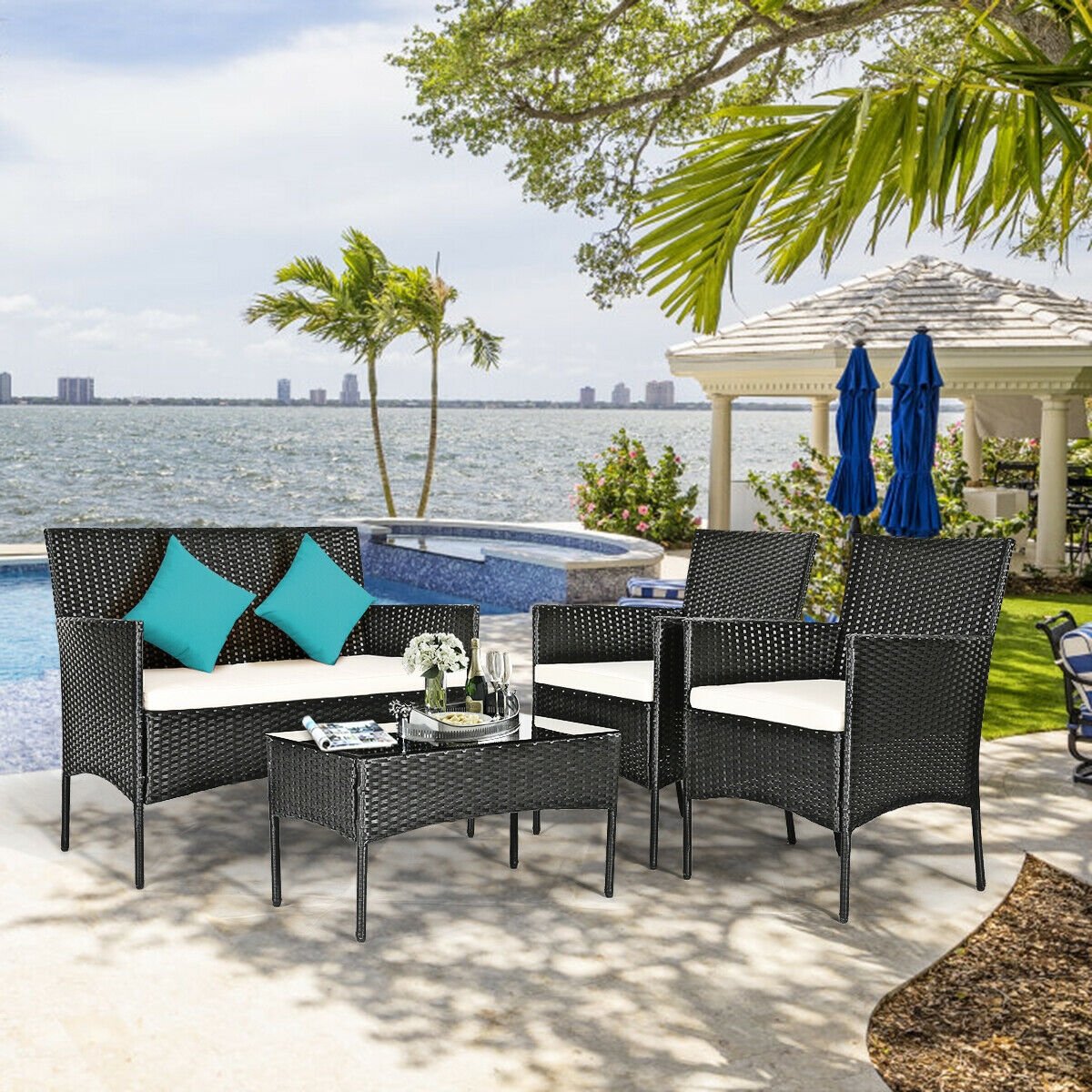 4 Pcs Patio Rattan Cushioned Sofa Furniture Set, White Patio Conversation Sets   at Gallery Canada