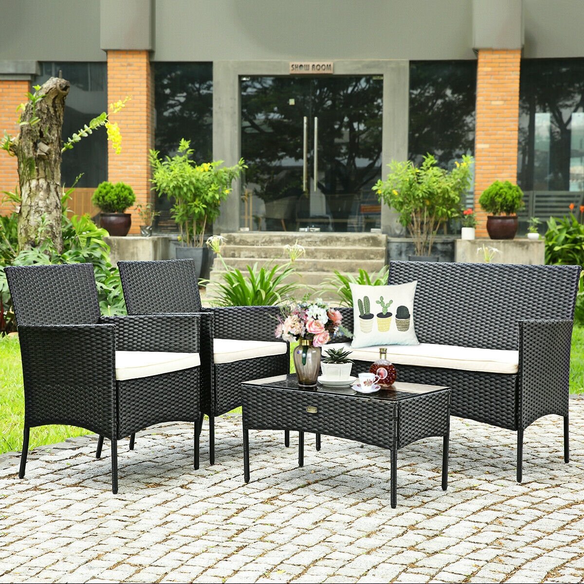 4 Pcs Patio Rattan Cushioned Sofa Furniture Set, White Patio Conversation Sets   at Gallery Canada