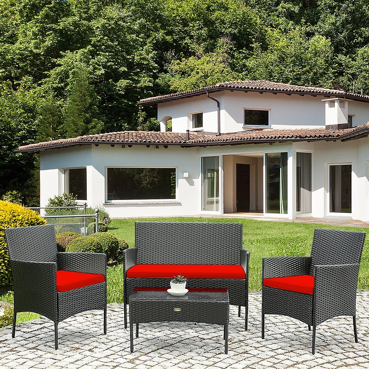 4 Pcs Patio Rattan Cushioned Sofa Furniture Set with Tempered Glass Coffee Table, Red - Gallery Canada