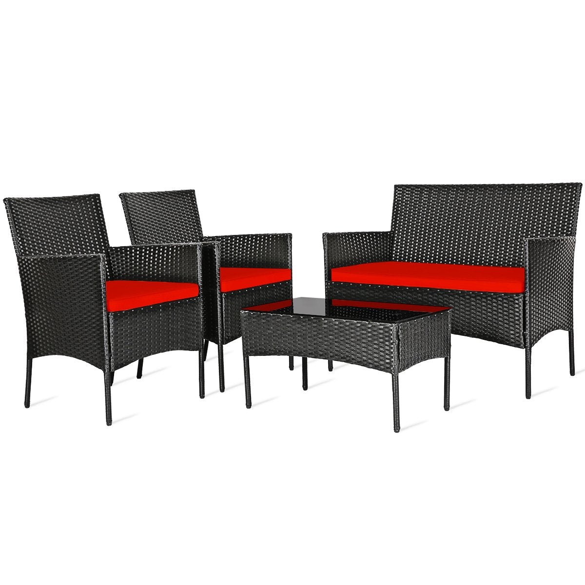 4 Pcs Patio Rattan Cushioned Sofa Furniture Set with Tempered Glass Coffee Table, Red Patio Conversation Sets   at Gallery Canada