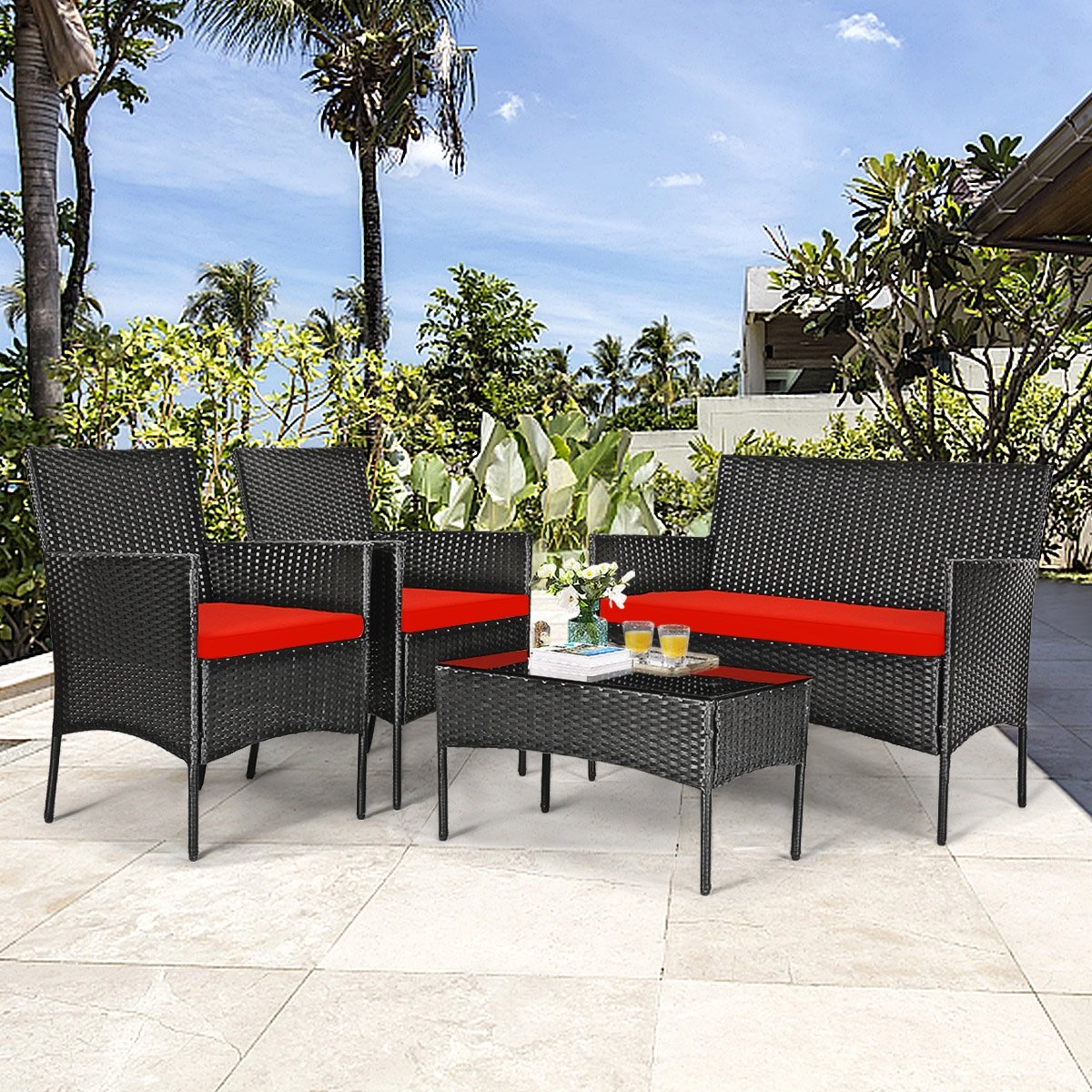 4 Pcs Patio Rattan Cushioned Sofa Furniture Set with Tempered Glass Coffee Table, Red Patio Conversation Sets   at Gallery Canada