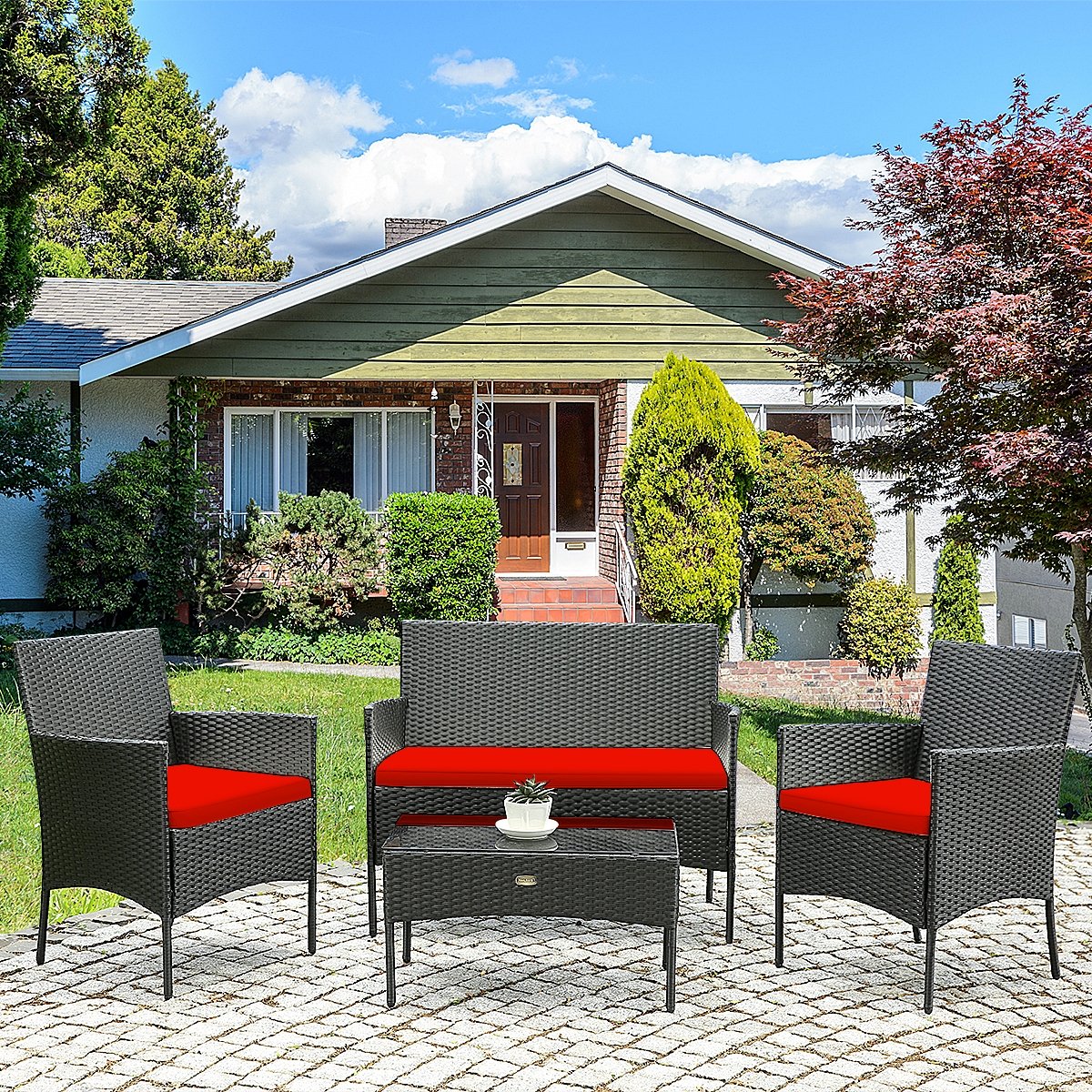 4 Pcs Patio Rattan Cushioned Sofa Furniture Set with Tempered Glass Coffee Table, Red Patio Conversation Sets   at Gallery Canada