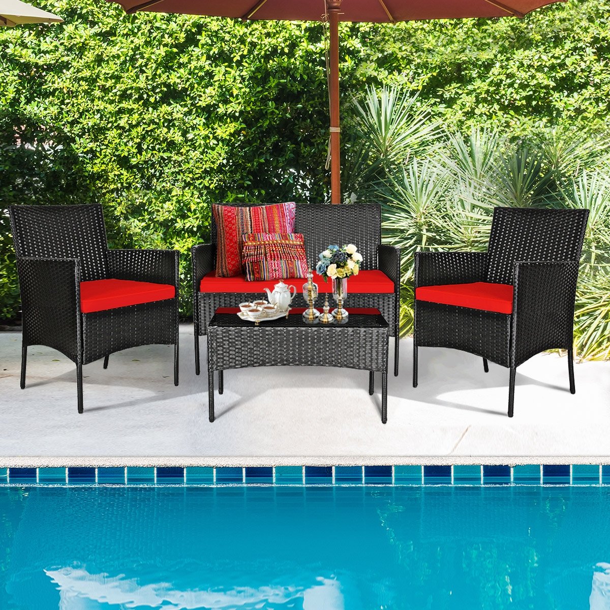 4 Pcs Patio Rattan Cushioned Sofa Furniture Set with Tempered Glass Coffee Table, Red Patio Conversation Sets   at Gallery Canada