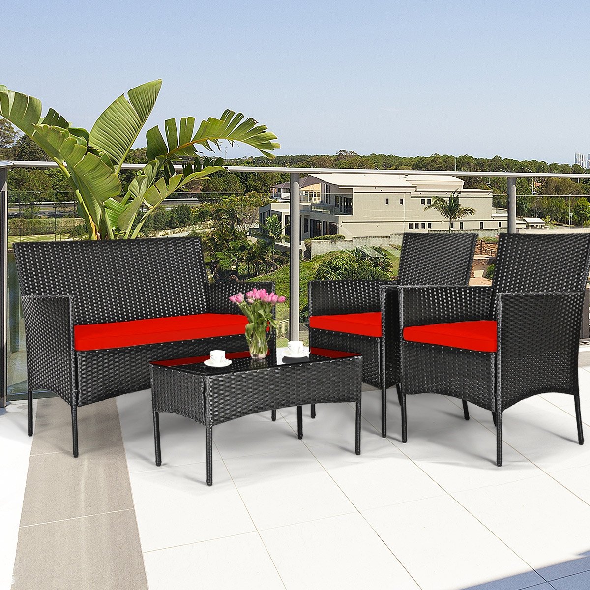 4 Pcs Patio Rattan Cushioned Sofa Furniture Set with Tempered Glass Coffee Table, Red Patio Conversation Sets   at Gallery Canada