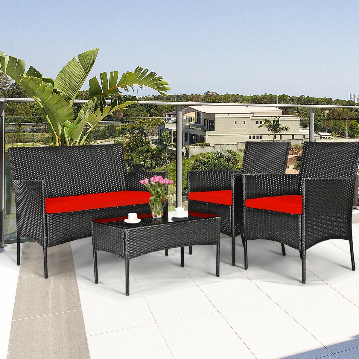 4 Pcs Patio Rattan Cushioned Sofa Furniture Set with Tempered Glass Coffee Table, Red - Gallery Canada