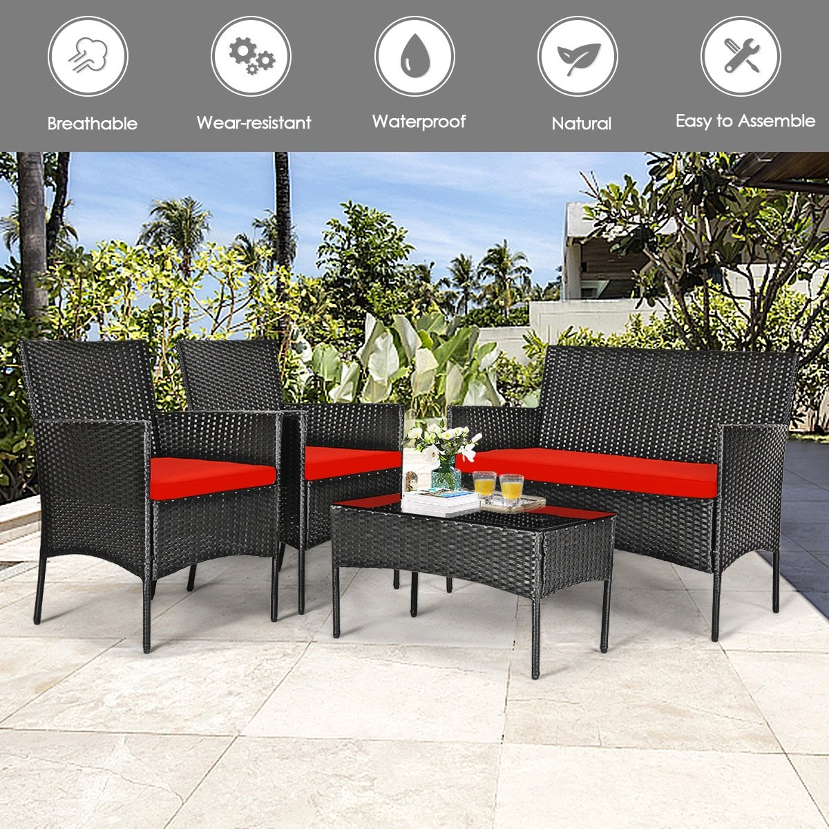 4 Pcs Patio Rattan Cushioned Sofa Furniture Set with Tempered Glass Coffee Table, Red Patio Conversation Sets   at Gallery Canada