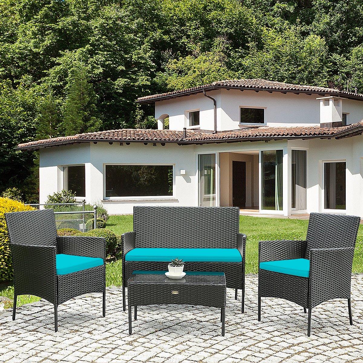 4 Pcs Patio Rattan Cushioned Sofa Furniture Set with Tempered Glass Coffee Table, Turquoise Patio Conversation Sets   at Gallery Canada