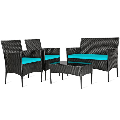 4 Pcs Patio Rattan Cushioned Sofa Furniture Set with Tempered Glass Coffee Table, Turquoise Patio Conversation Sets   at Gallery Canada