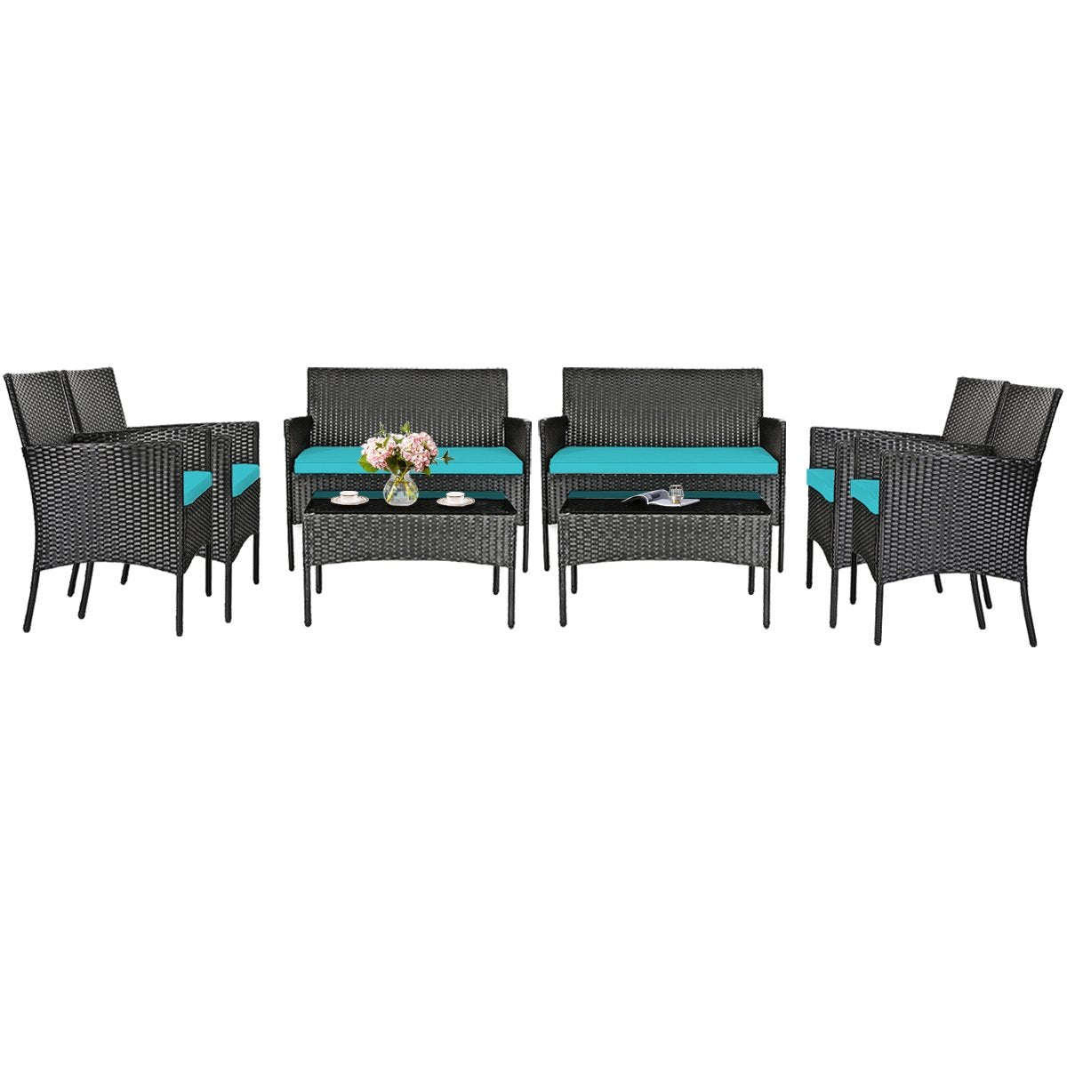 4 Pcs Patio Rattan Cushioned Sofa Furniture Set with Tempered Glass Coffee Table, Turquoise - Gallery Canada