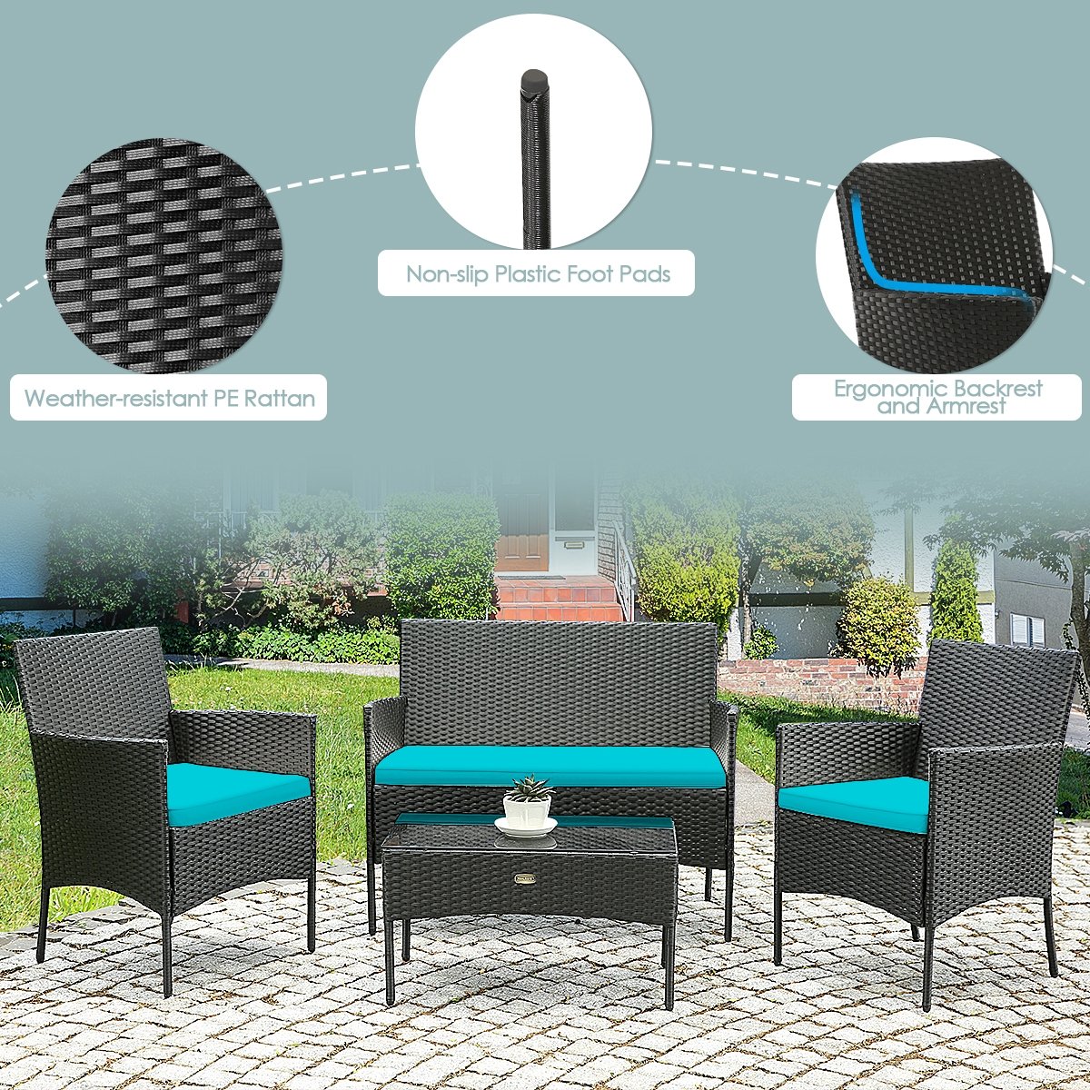 4 Pcs Patio Rattan Cushioned Sofa Furniture Set with Tempered Glass Coffee Table, Turquoise Patio Conversation Sets   at Gallery Canada