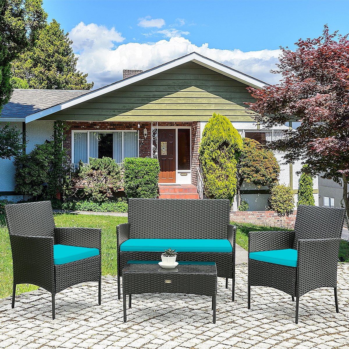 4 Pcs Patio Rattan Cushioned Sofa Furniture Set with Tempered Glass Coffee Table, Turquoise Patio Conversation Sets   at Gallery Canada