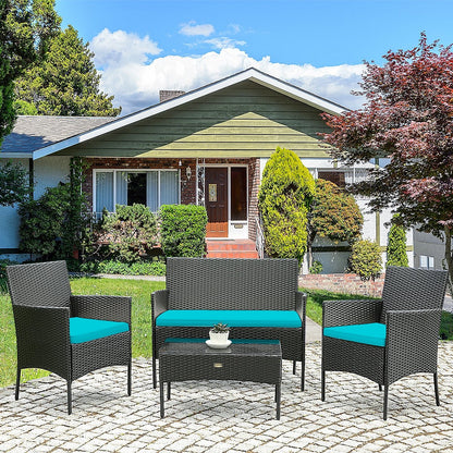4 Pcs Patio Rattan Cushioned Sofa Furniture Set with Tempered Glass Coffee Table, Turquoise - Gallery Canada