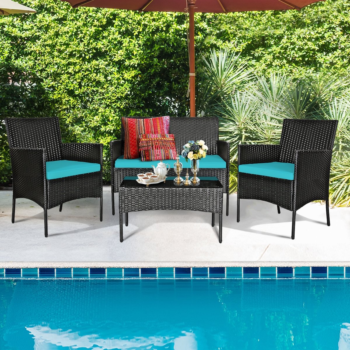 4 Pcs Patio Rattan Cushioned Sofa Furniture Set with Tempered Glass Coffee Table, Turquoise Patio Conversation Sets   at Gallery Canada