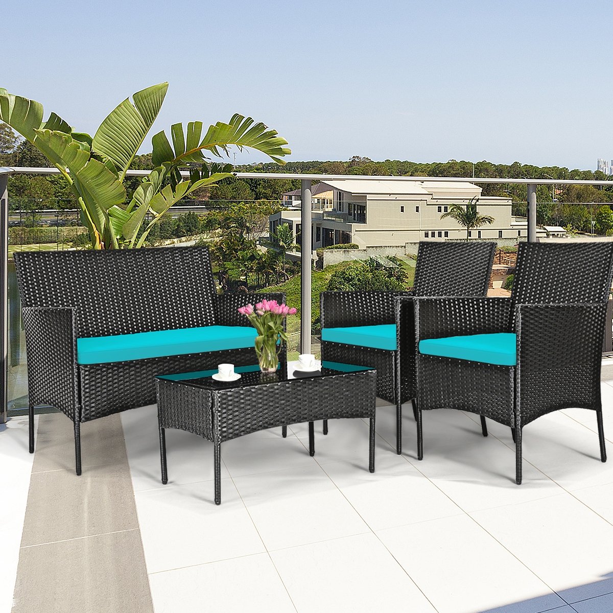 4 Pcs Patio Rattan Cushioned Sofa Furniture Set with Tempered Glass Coffee Table, Turquoise Patio Conversation Sets   at Gallery Canada