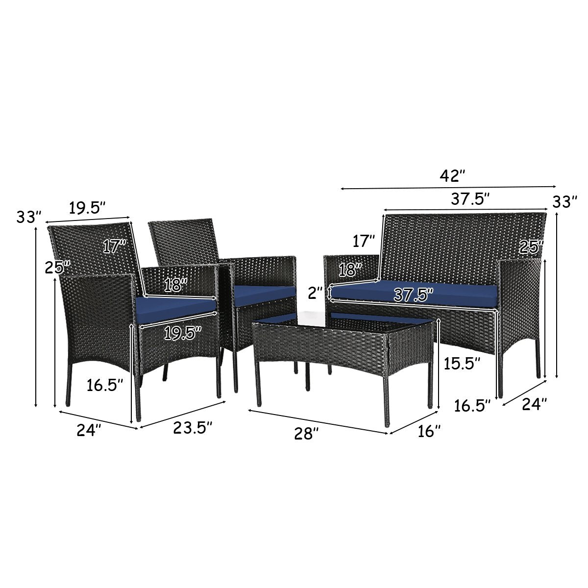 4 Pieces Patio Rattan Cushioned Sofa Set with Tempered Glass Coffee Table-Navy and off White, Navy & Off White Patio Conversation Sets   at Gallery Canada