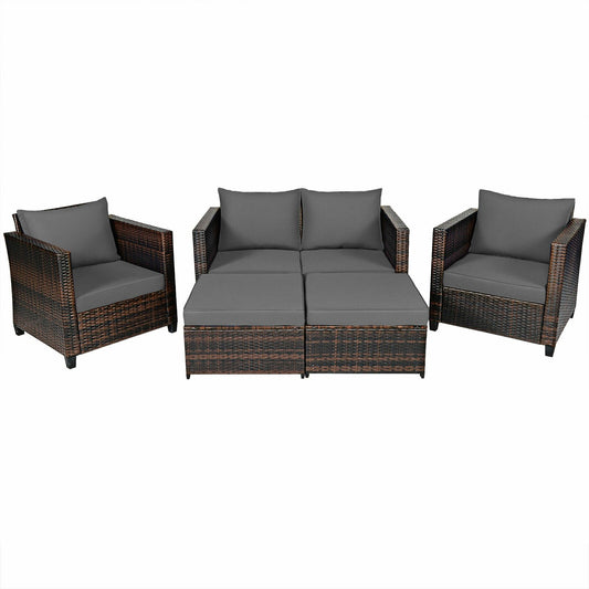 5 Pieces Patio Cushioned Rattan Furniture Set, Gray - Gallery Canada
