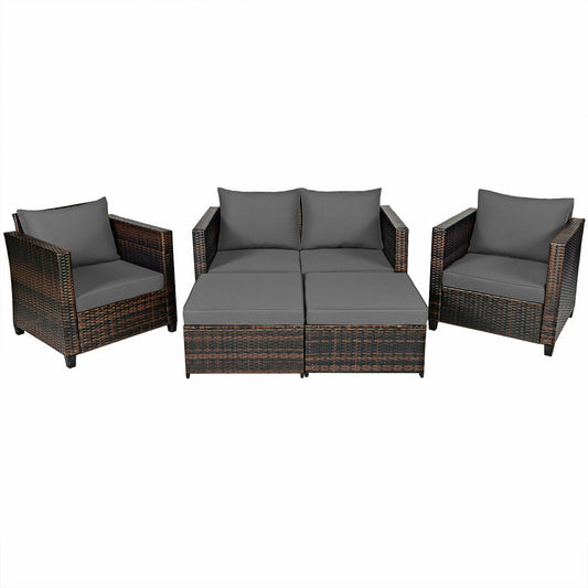 5 Pieces Patio Cushioned Rattan Furniture Set, Gray Outdoor Sectionals   at Gallery Canada