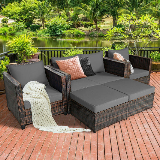 5 Pieces Patio Cushioned Rattan Furniture Set, Gray - Gallery Canada