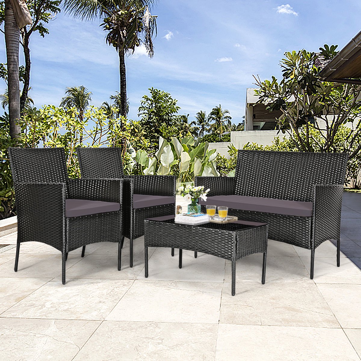 4 Pieces Patio Rattan Cushioned Sofa Set with Tempered Glass Coffee Table, Gray & Off White Patio Conversation Sets   at Gallery Canada