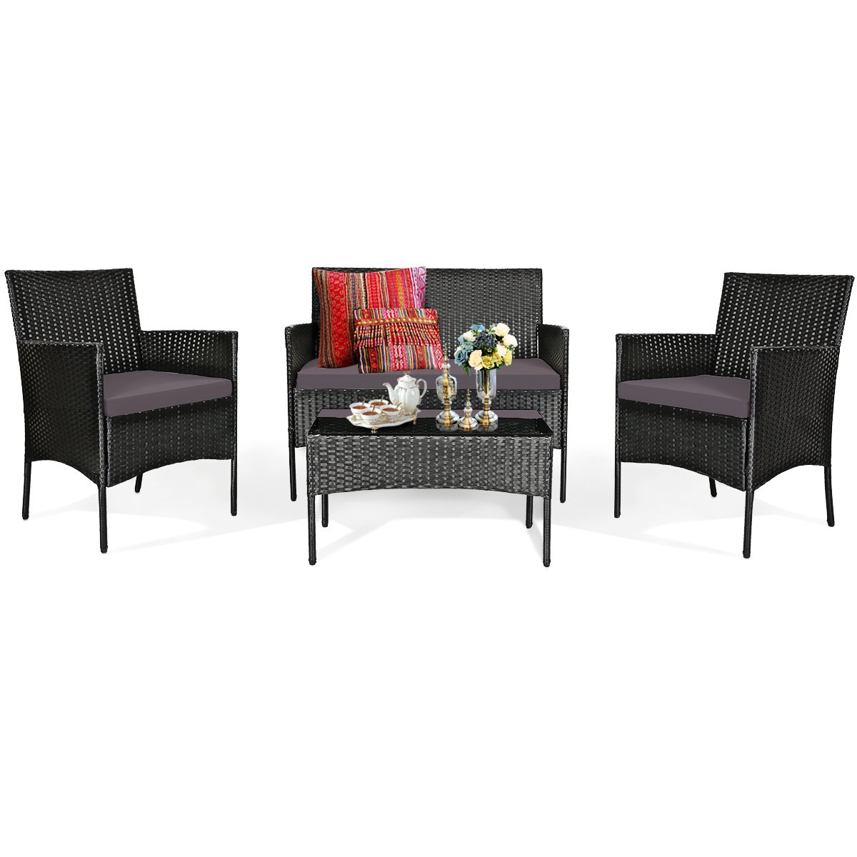 4 Pieces Patio Rattan Cushioned Sofa Set with Tempered Glass Coffee Table, Gray & Off White Patio Conversation Sets   at Gallery Canada