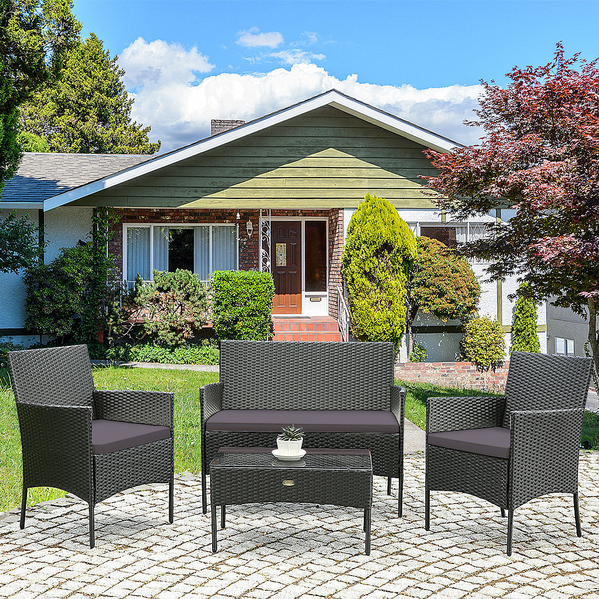 4 Pieces Patio Rattan Cushioned Sofa Set with Tempered Glass Coffee Table, Gray & Off White Patio Conversation Sets   at Gallery Canada