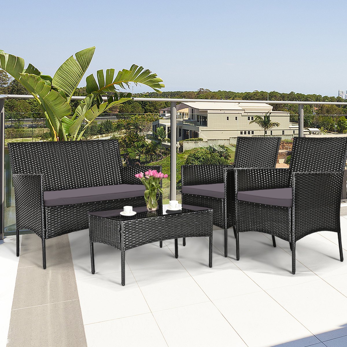 4 Pieces Patio Rattan Cushioned Sofa Set with Tempered Glass Coffee Table, Gray & Off White Patio Conversation Sets   at Gallery Canada