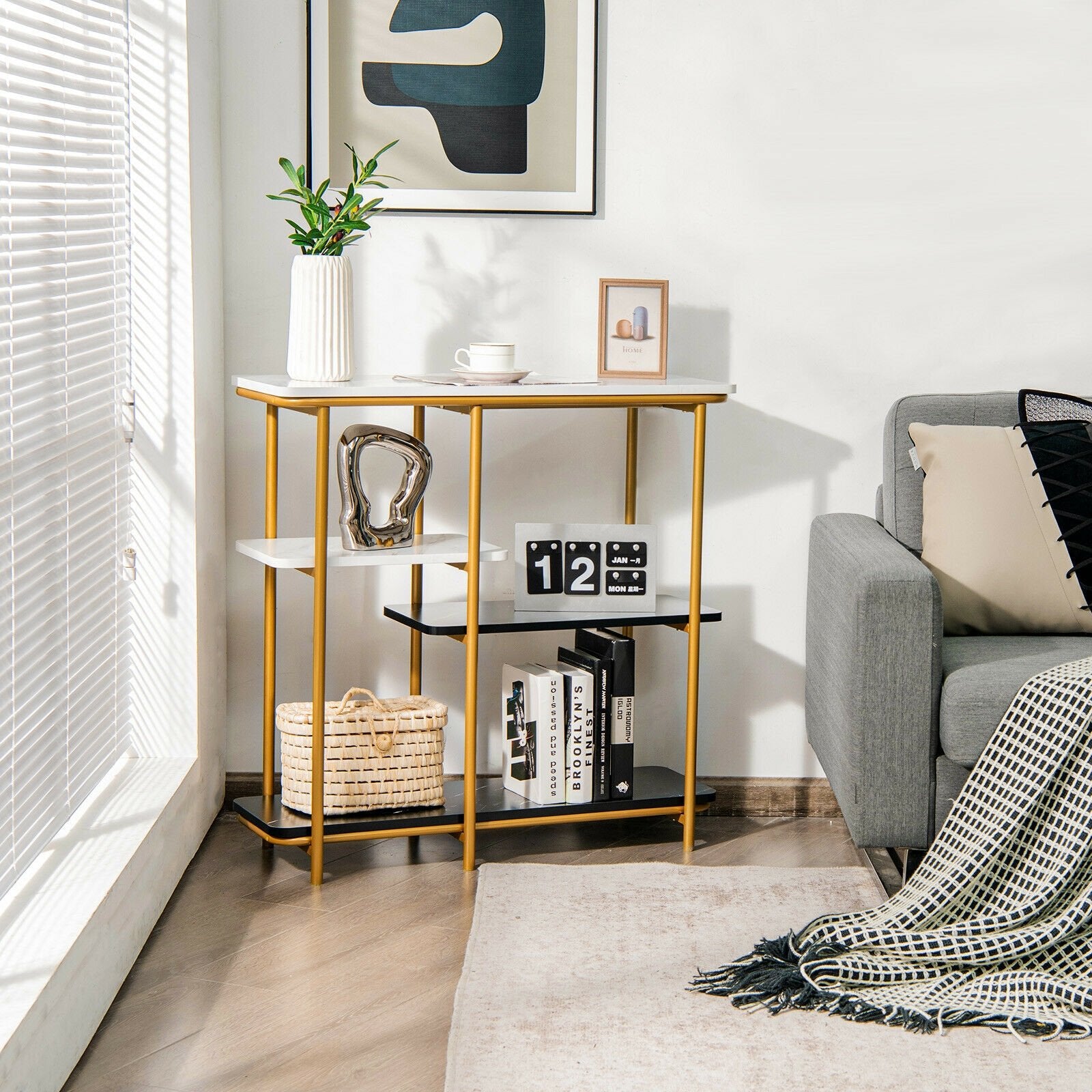 Faux Marble Entrance Console Table with Shelves, White - Gallery Canada