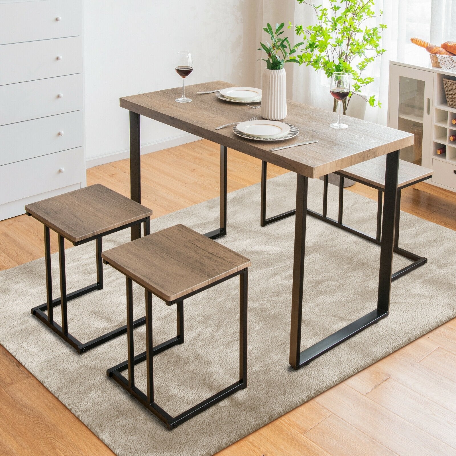 4 Pieces Industrial Dinette Set with Bench and 2 Stools, Oak - Gallery Canada