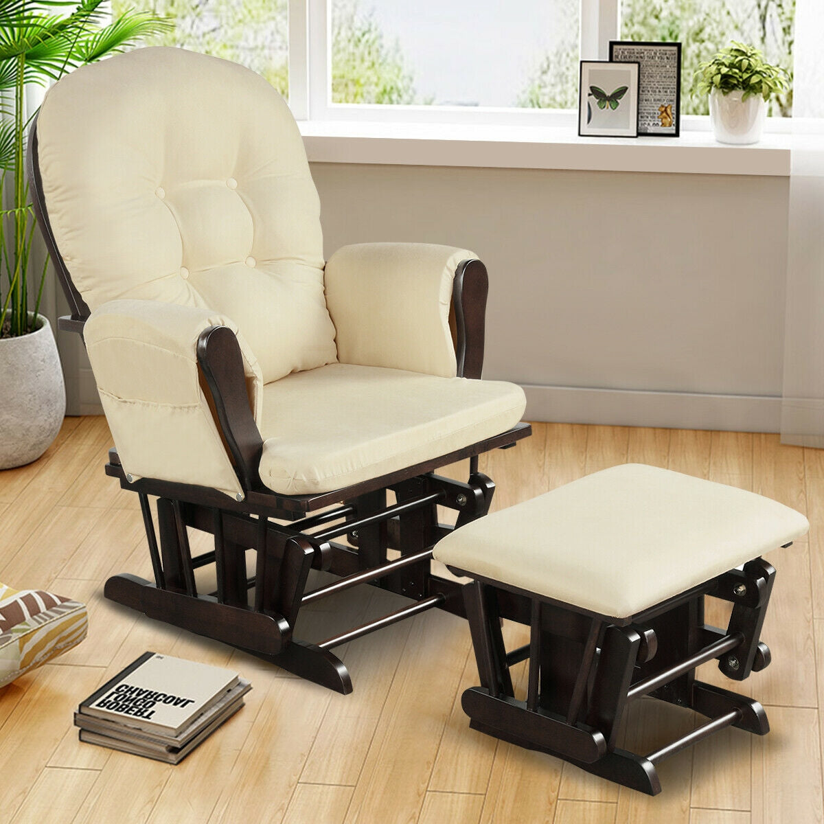 Wood Glider and Ottoman Set with Padded Armrests and Detachable Cushion, Beige Recliners at Gallery Canada