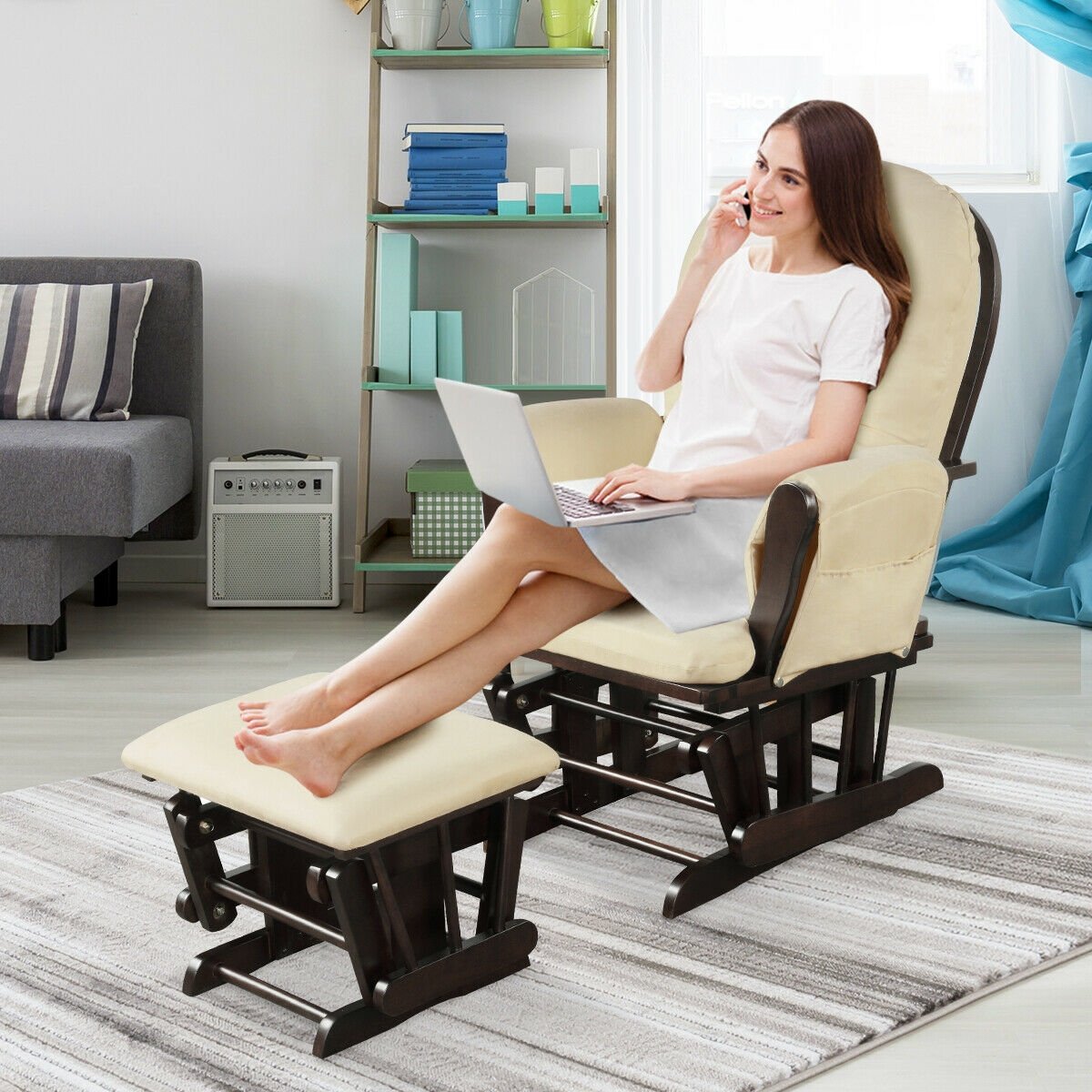 Wood Glider and Ottoman Set with Padded Armrests and Detachable Cushion, Beige Recliners   at Gallery Canada