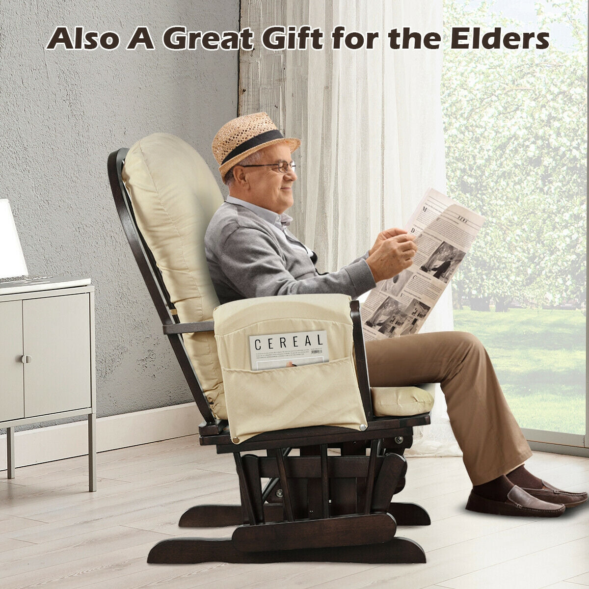 Wood Glider and Ottoman Set with Padded Armrests and Detachable Cushion, Beige Recliners at Gallery Canada