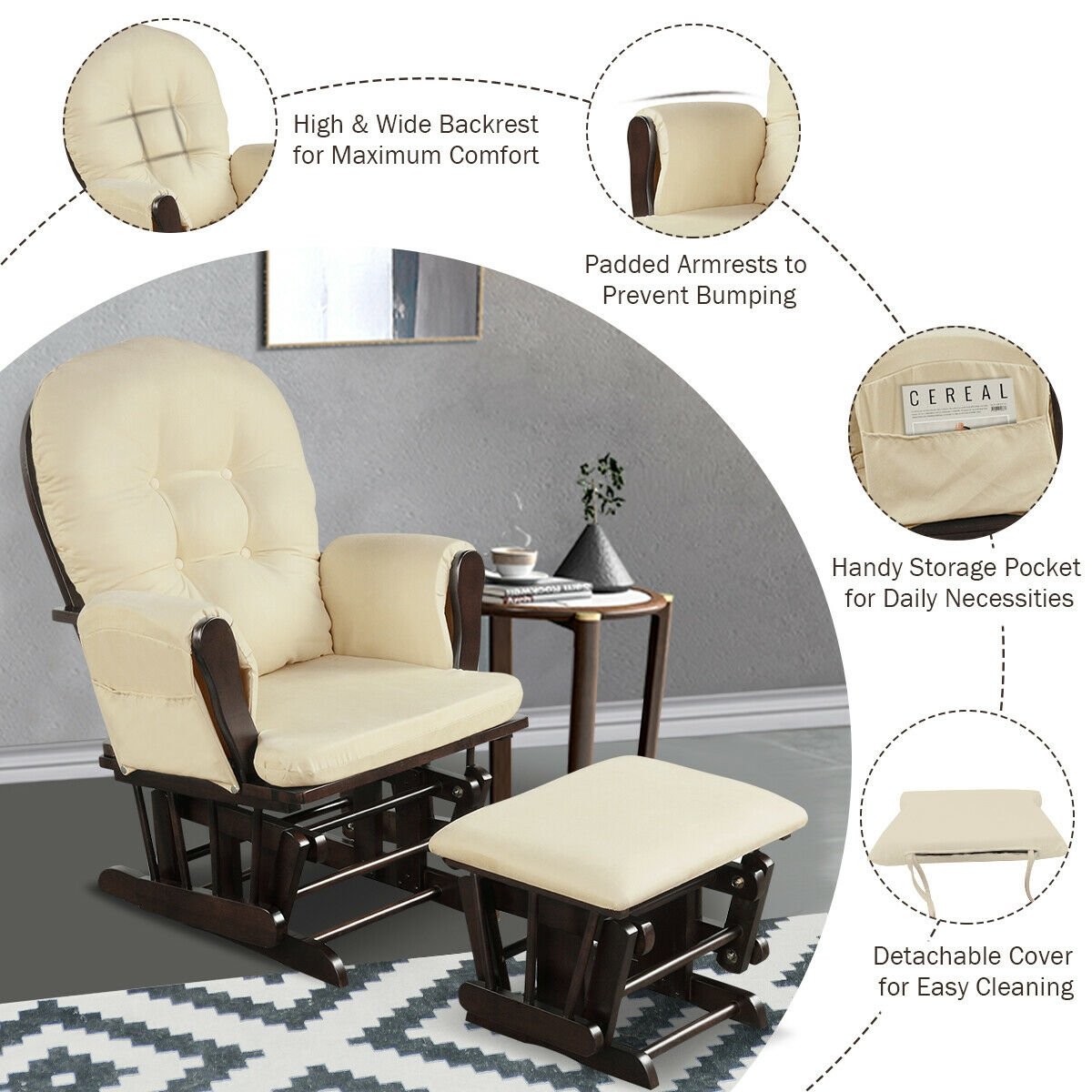 Wood Glider and Ottoman Set with Padded Armrests and Detachable Cushion, Beige Recliners   at Gallery Canada