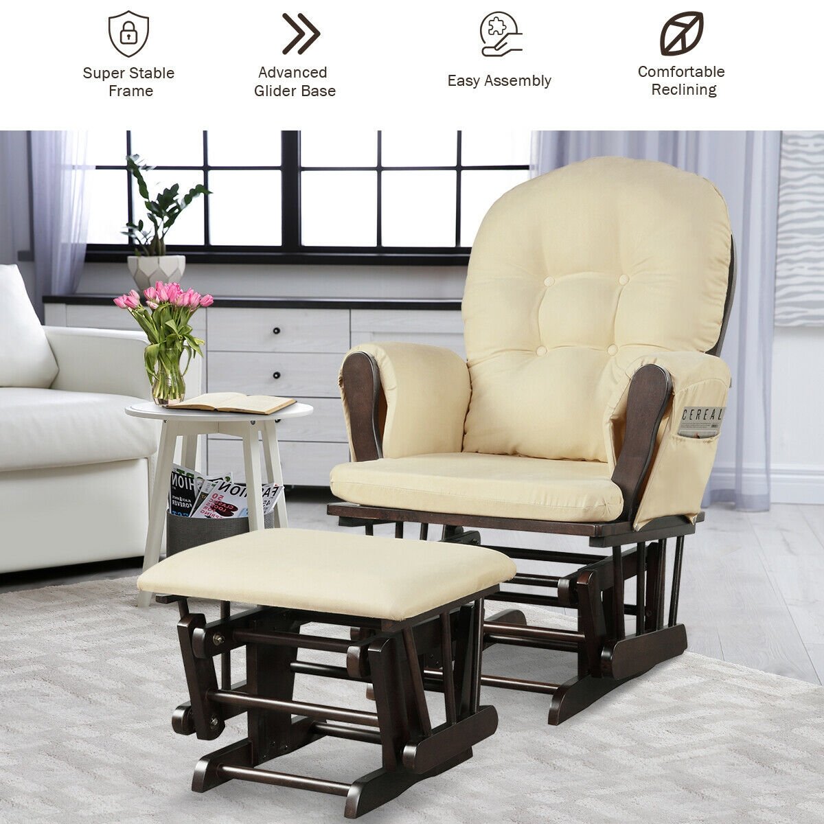 Wood Glider and Ottoman Set with Padded Armrests and Detachable Cushion, Beige Recliners   at Gallery Canada