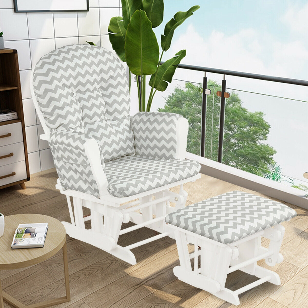 Wood Glider and Ottoman Set with Padded Armrests and Detachable Cushion-Gray and White, White Recliners at Gallery Canada