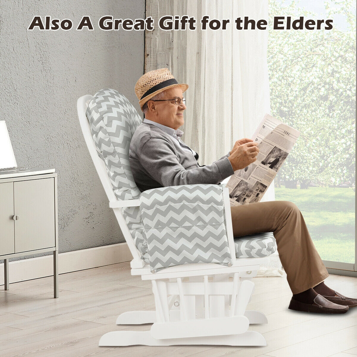 Wood Glider and Ottoman Set with Padded Armrests and Detachable Cushion-Gray and White, White Recliners at Gallery Canada