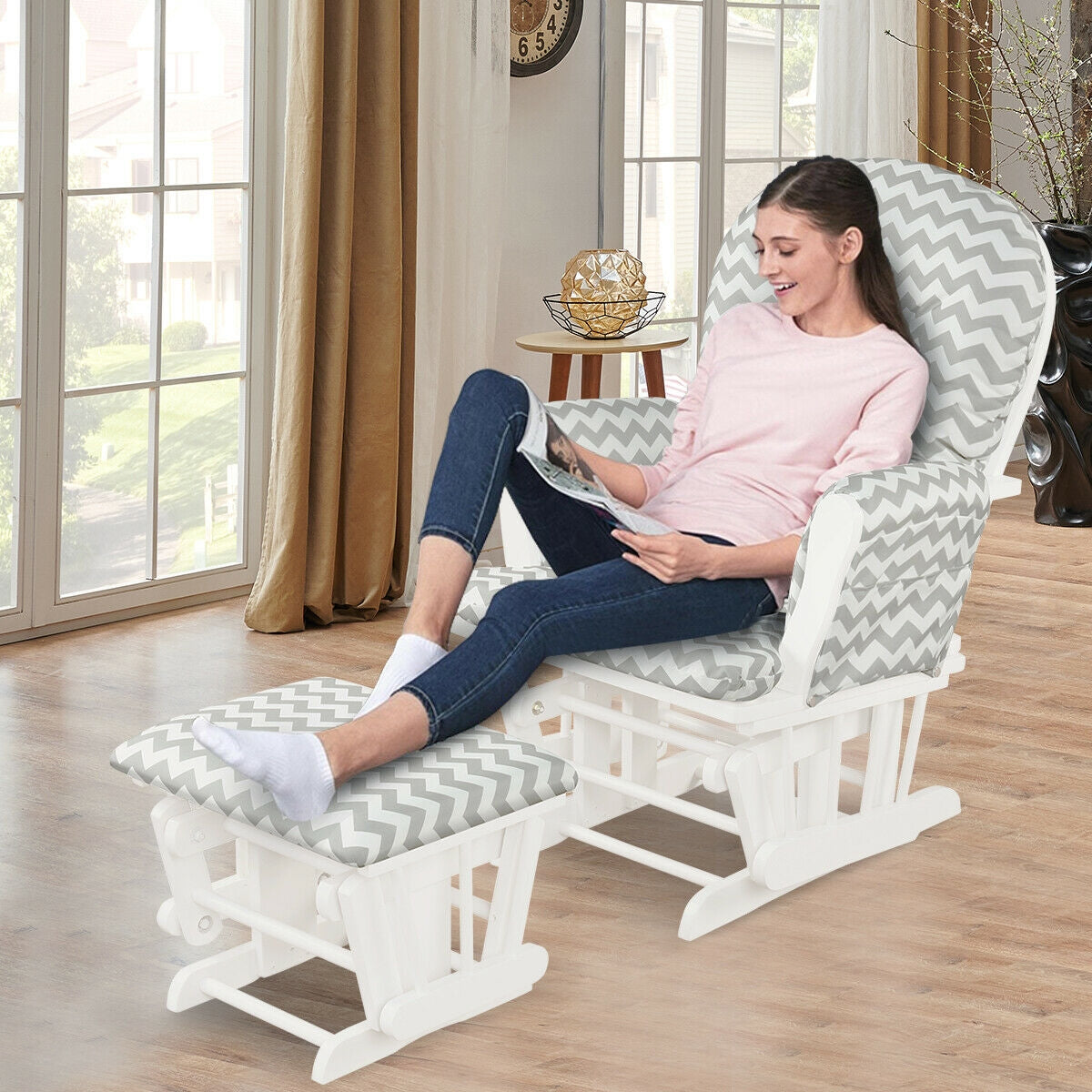 Wood Glider and Ottoman Set with Padded Armrests and Detachable Cushion-Gray and White, White Recliners at Gallery Canada