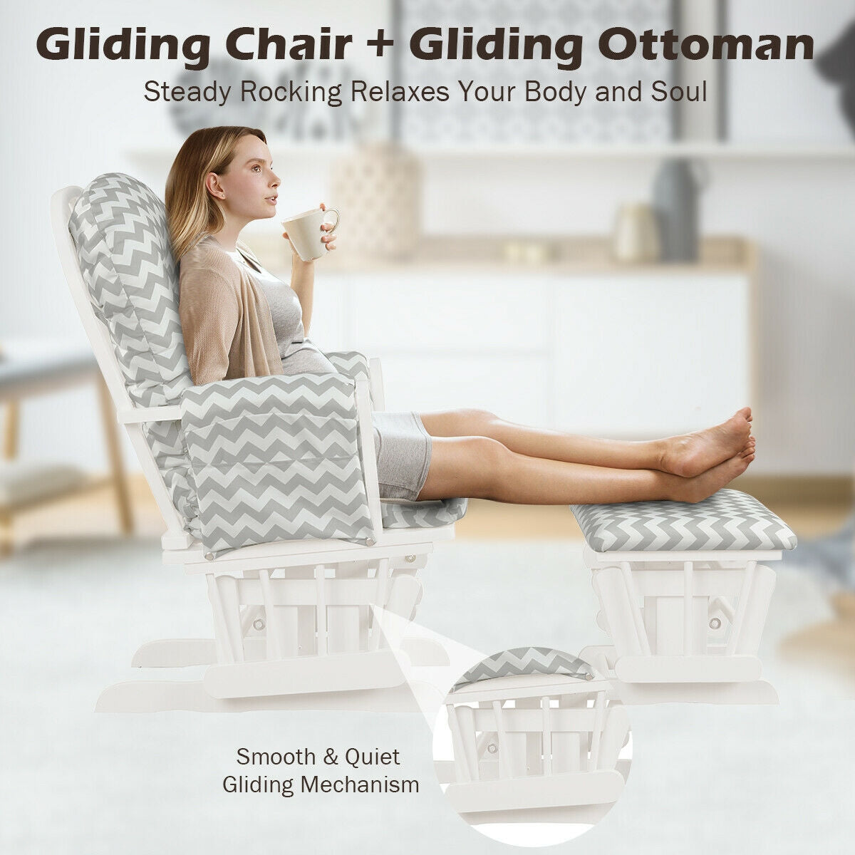 Wood Glider and Ottoman Set with Padded Armrests and Detachable Cushion-Gray and White, White Recliners at Gallery Canada