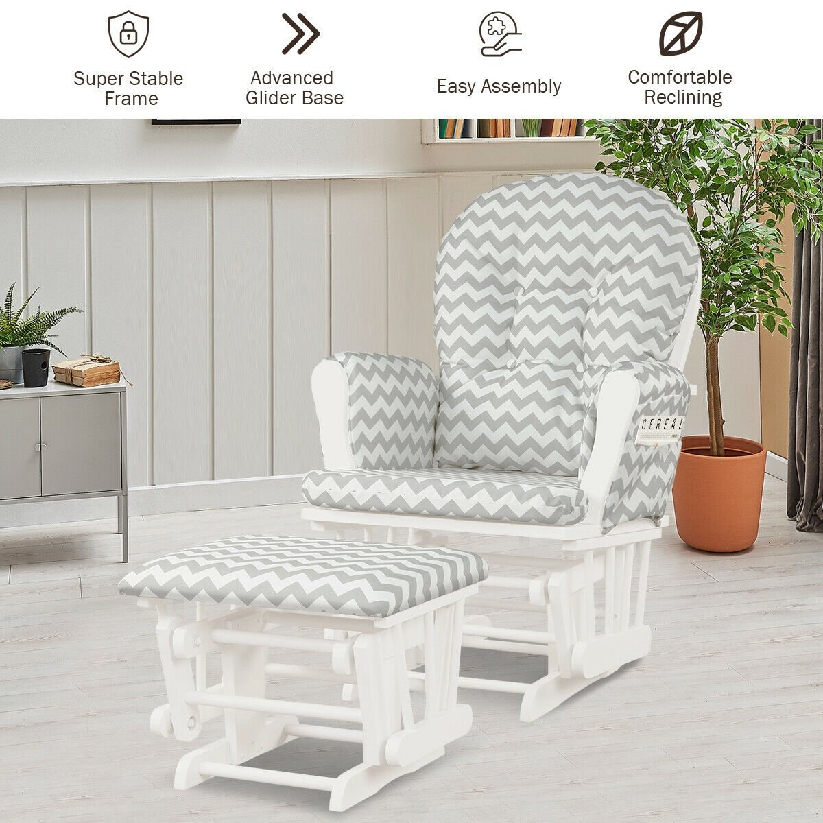 Wood Glider and Ottoman Set with Padded Armrests and Detachable Cushion-Gray and White, White Recliners   at Gallery Canada