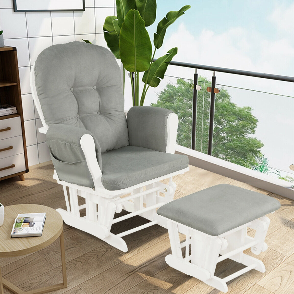 Wood Glider and Ottoman Set with Padded Armrests and Detachable Cushion, Light Gray Recliners at Gallery Canada
