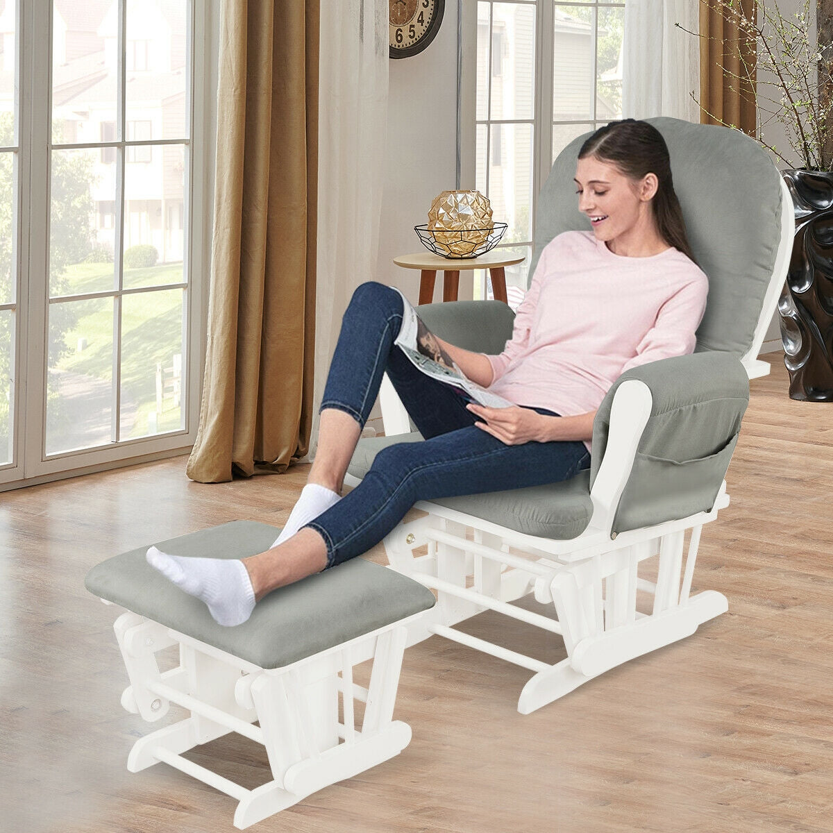 Wood Glider and Ottoman Set with Padded Armrests and Detachable Cushion, Light Gray Recliners at Gallery Canada