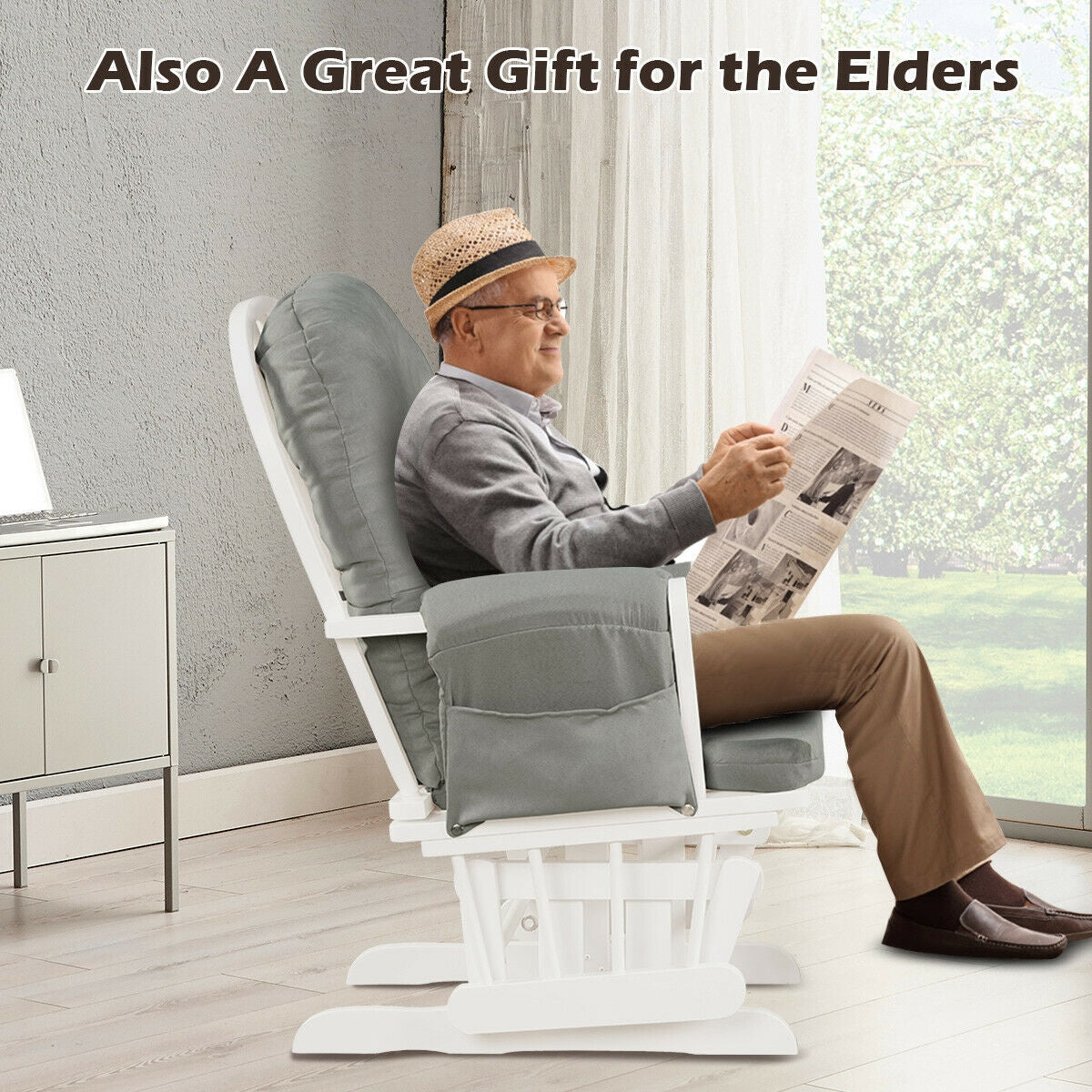 Wood Glider and Ottoman Set with Padded Armrests and Detachable Cushion, Light Gray Recliners at Gallery Canada