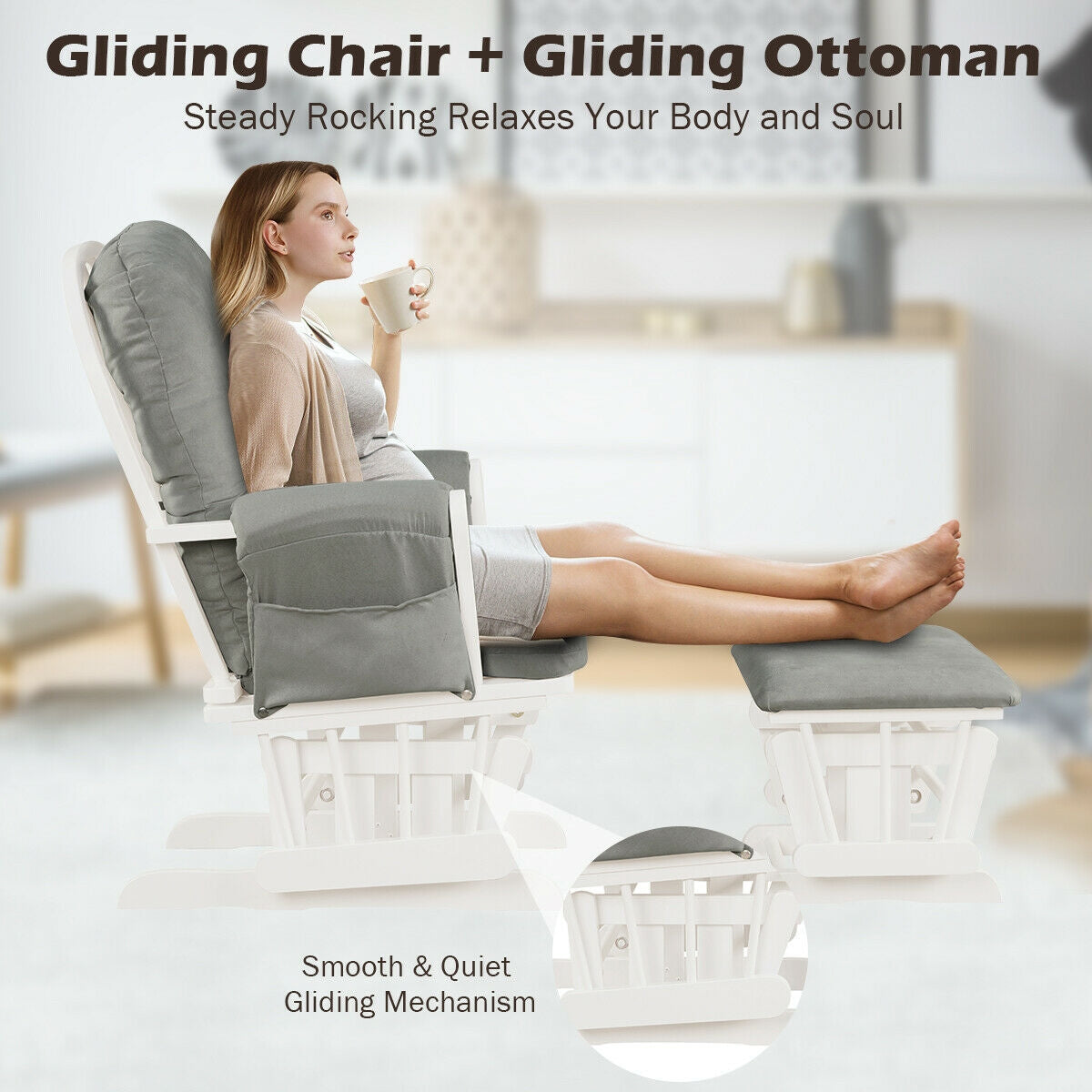 Wood Glider and Ottoman Set with Padded Armrests and Detachable Cushion, Light Gray Recliners at Gallery Canada