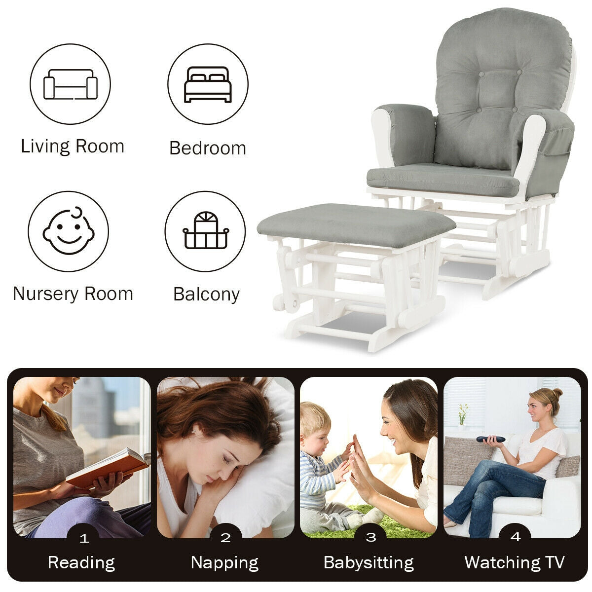 Wood Glider and Ottoman Set with Padded Armrests and Detachable Cushion, Light Gray Recliners at Gallery Canada