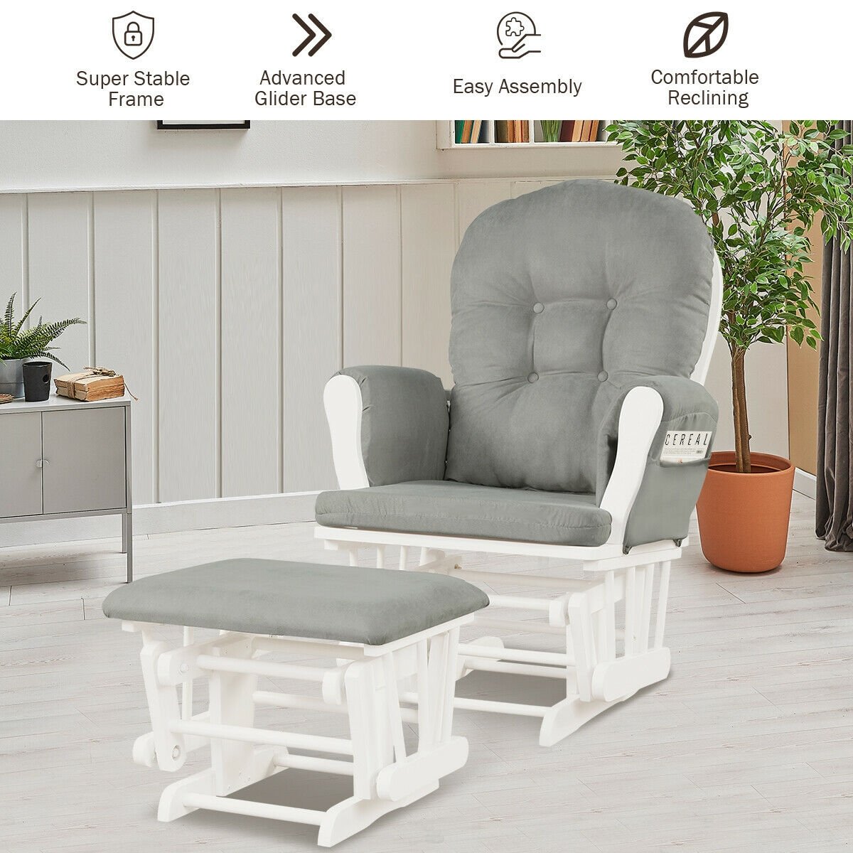 Wood Glider and Ottoman Set with Padded Armrests and Detachable Cushion, Light Gray Recliners   at Gallery Canada