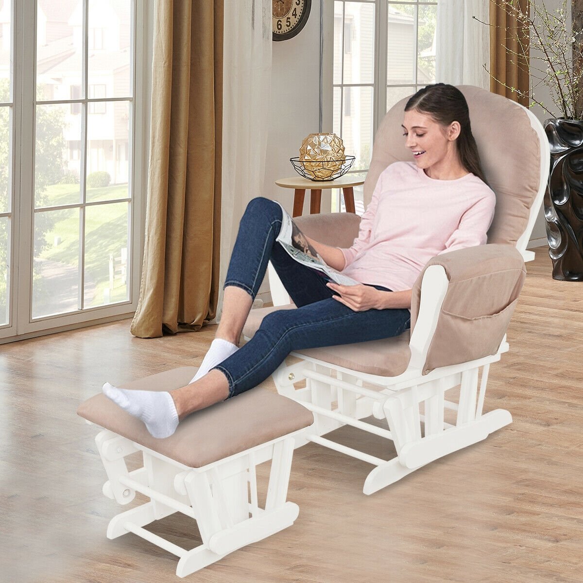 Wood Glider and Ottoman Set with Padded Armrests and Detachable Cushion, Pink Recliners   at Gallery Canada