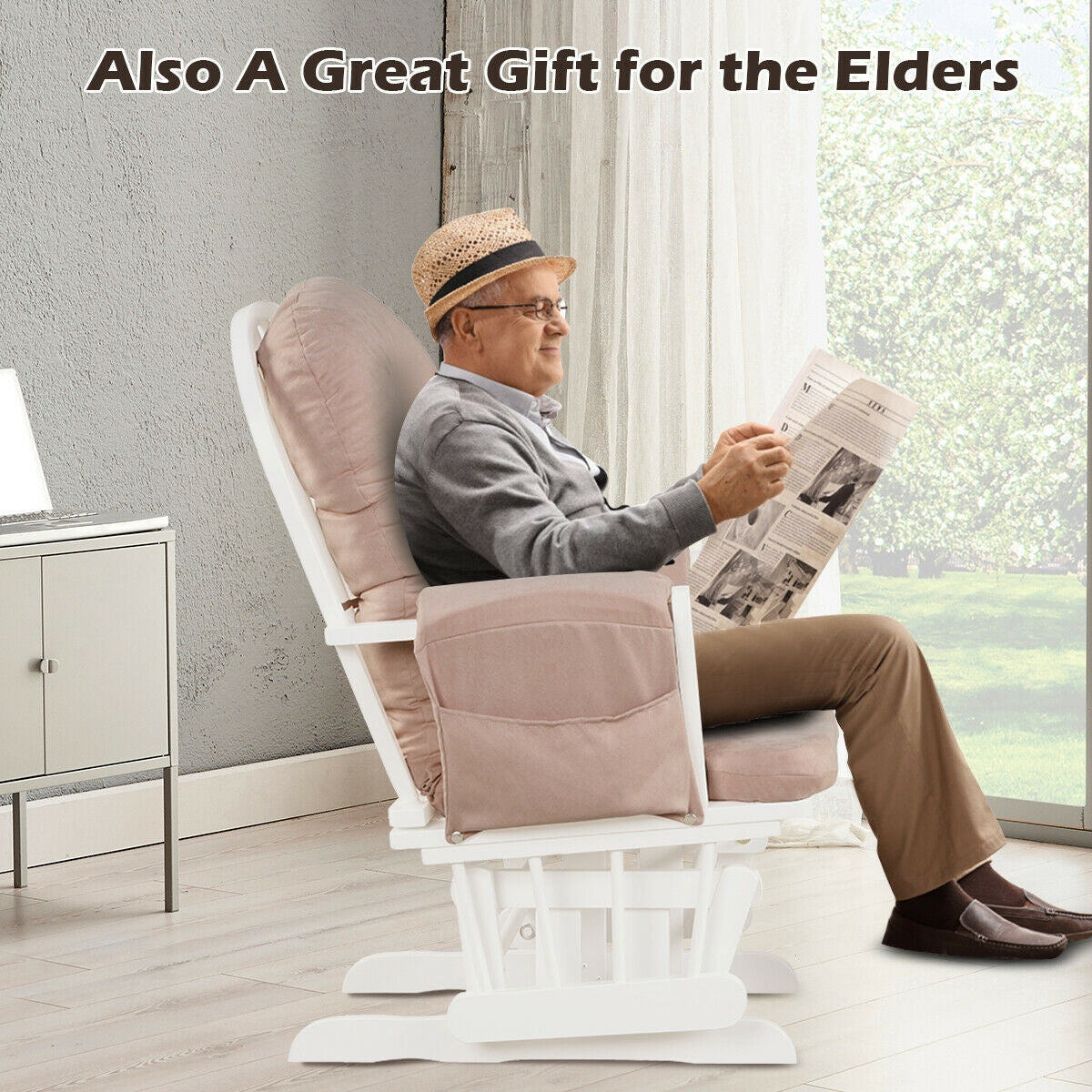 Wood Glider and Ottoman Set with Padded Armrests and Detachable Cushion, Pink Recliners at Gallery Canada