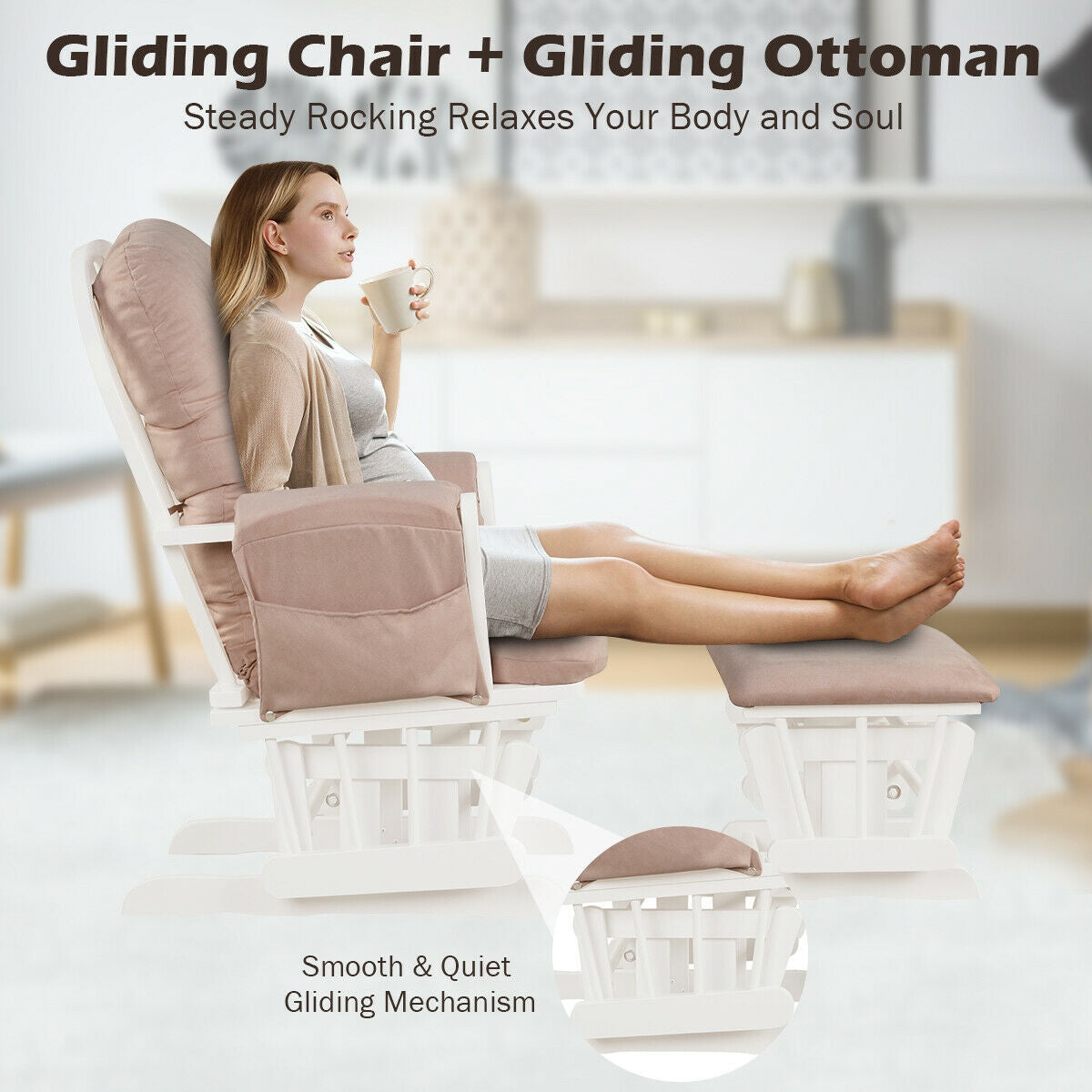 Wood Glider and Ottoman Set with Padded Armrests and Detachable Cushion, Pink Recliners at Gallery Canada
